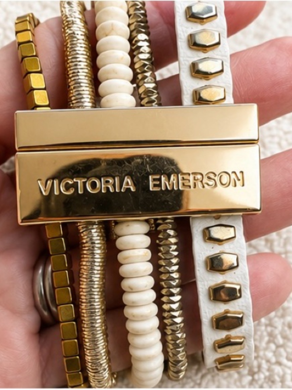 Victoria Emerson Multi-Strand Boho Cuff Bracelet | White & Gold Layered